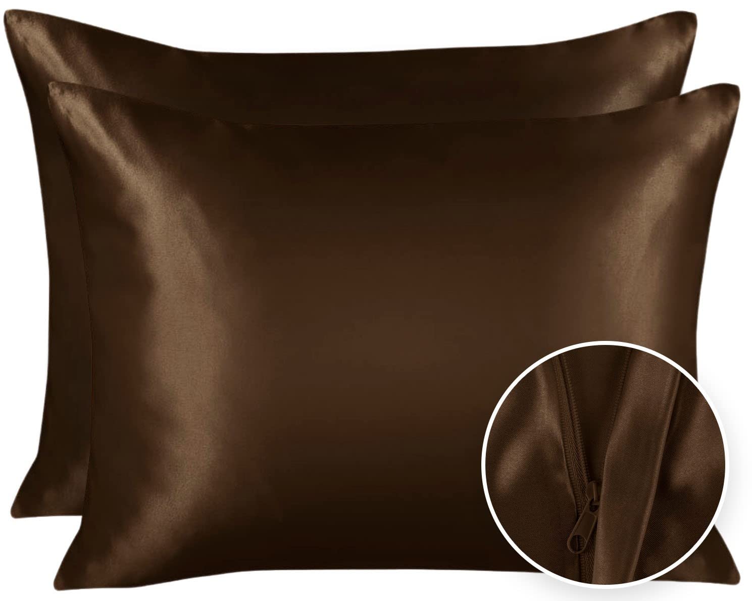 Shopbedding Luxury Satin Pillowcase For Hair - Standard Satin Pillowcase With Zipper, Brown (Pillowcase Set Of 2) - Blissford