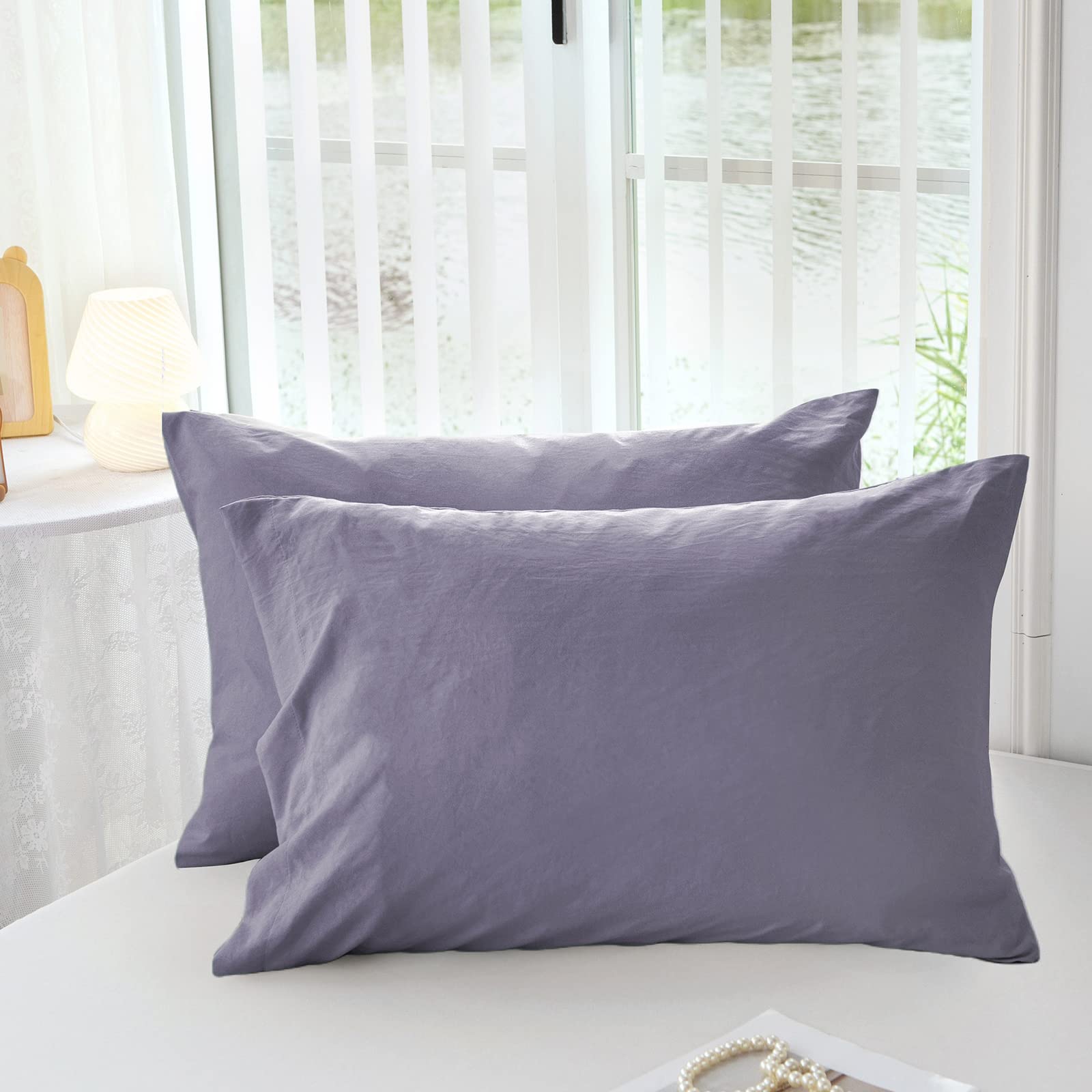 Mildly Super Soft Pillowcase - Washed Microfiber Lightweight Pillow Cases King Size Lavender 2 Count, Easy Care And Fade Resista