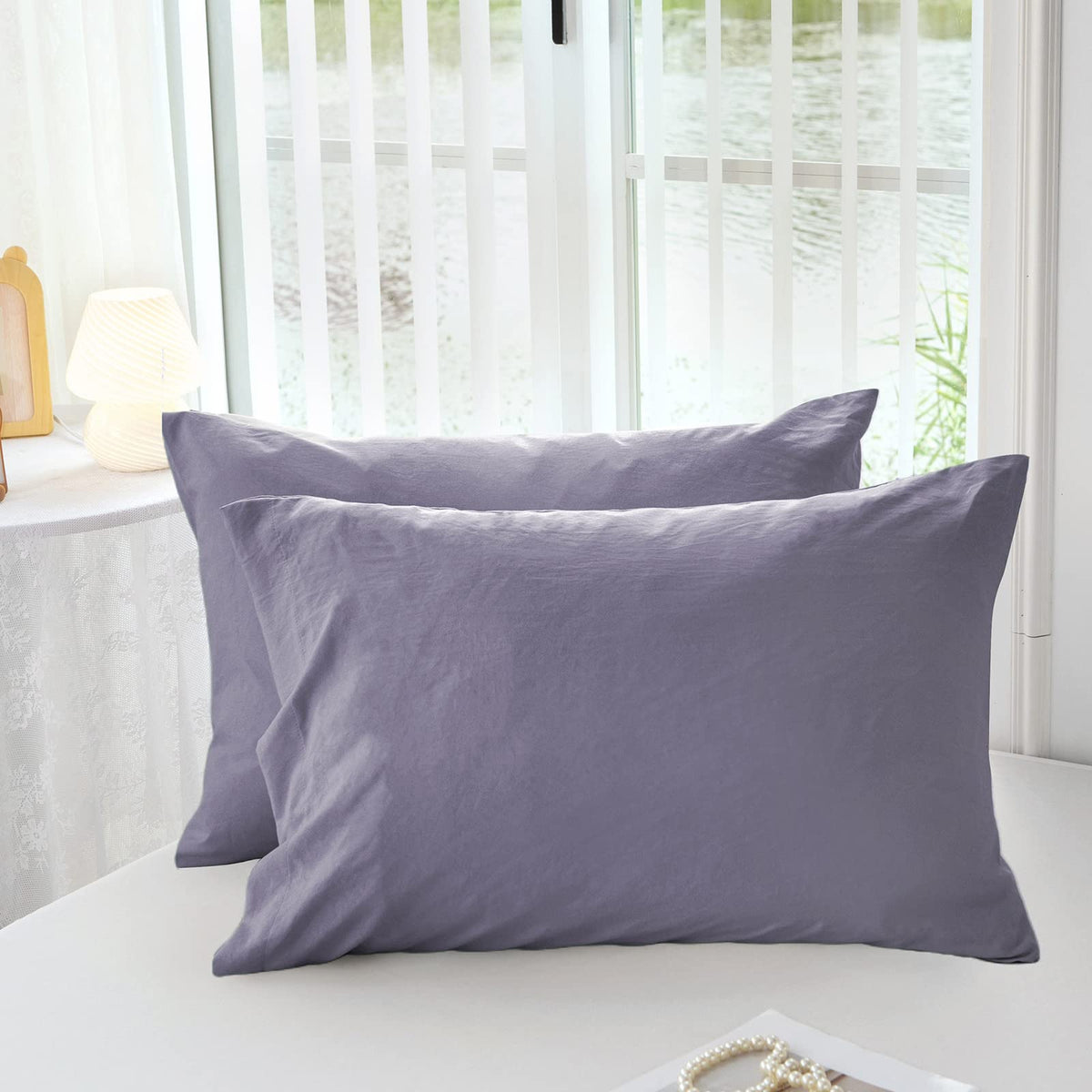 Mildly Super Soft Pillowcase - Washed Microfiber Lightweight Pillow Cases Queen Size Lavender 2 Count, Easy Care And Fade Resist