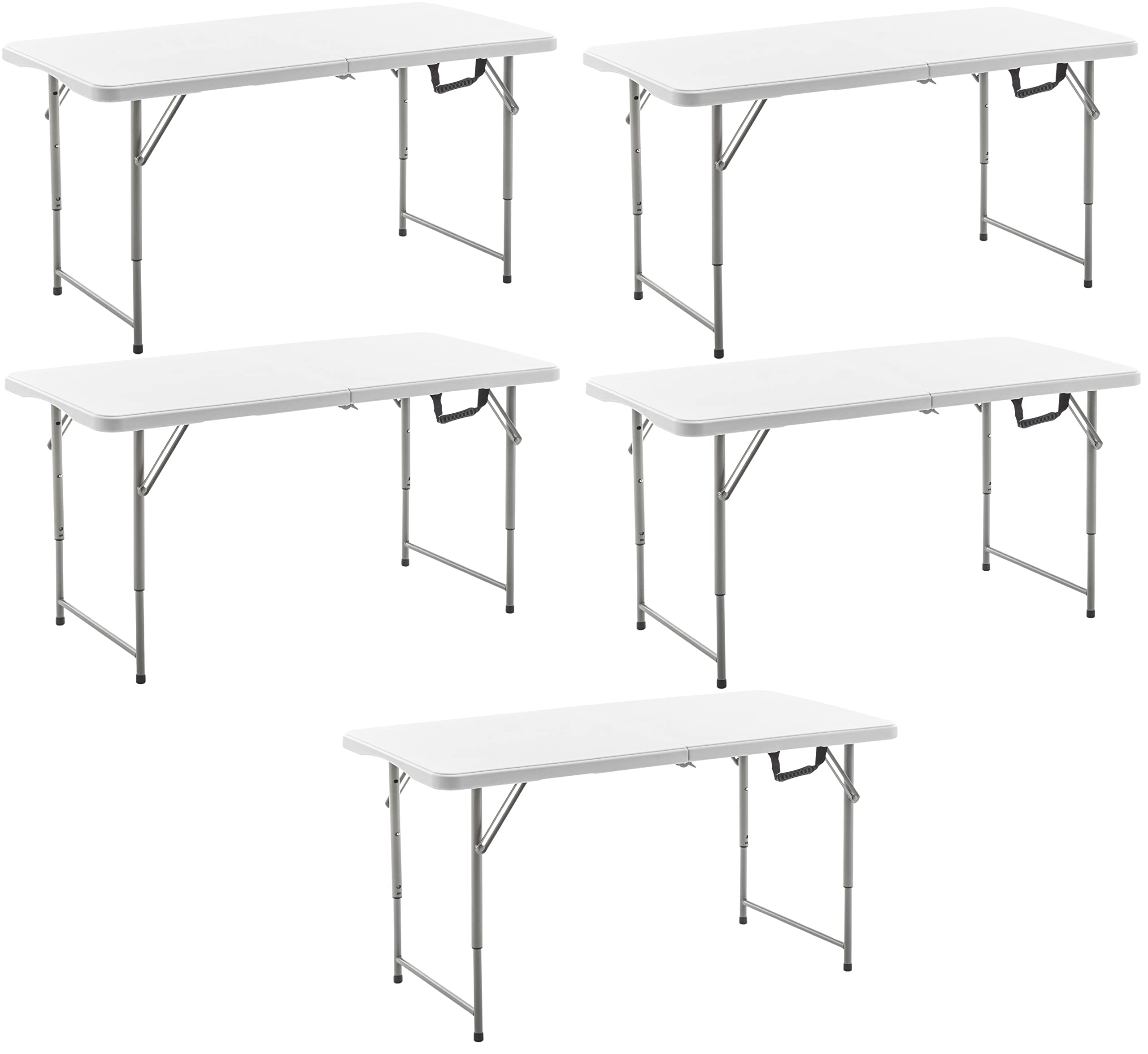 Btexpert Set Of 5, Fold-In-Half Folding Utility Table 4Feet Lightweight Height Adjustable Portable Carrying Handle Indoor Outdoor Picnic Camping Office Home Party Easy To Clean Store Care White