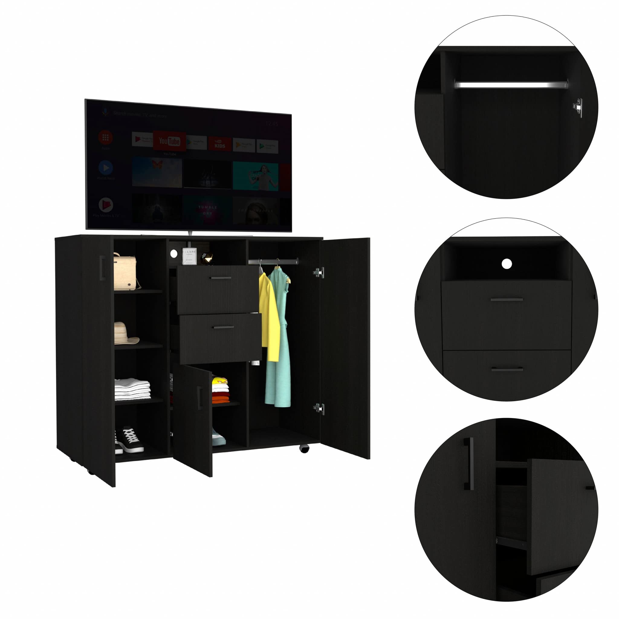HomeRoots Particle Board Black Three Door Closet with Two Drawers