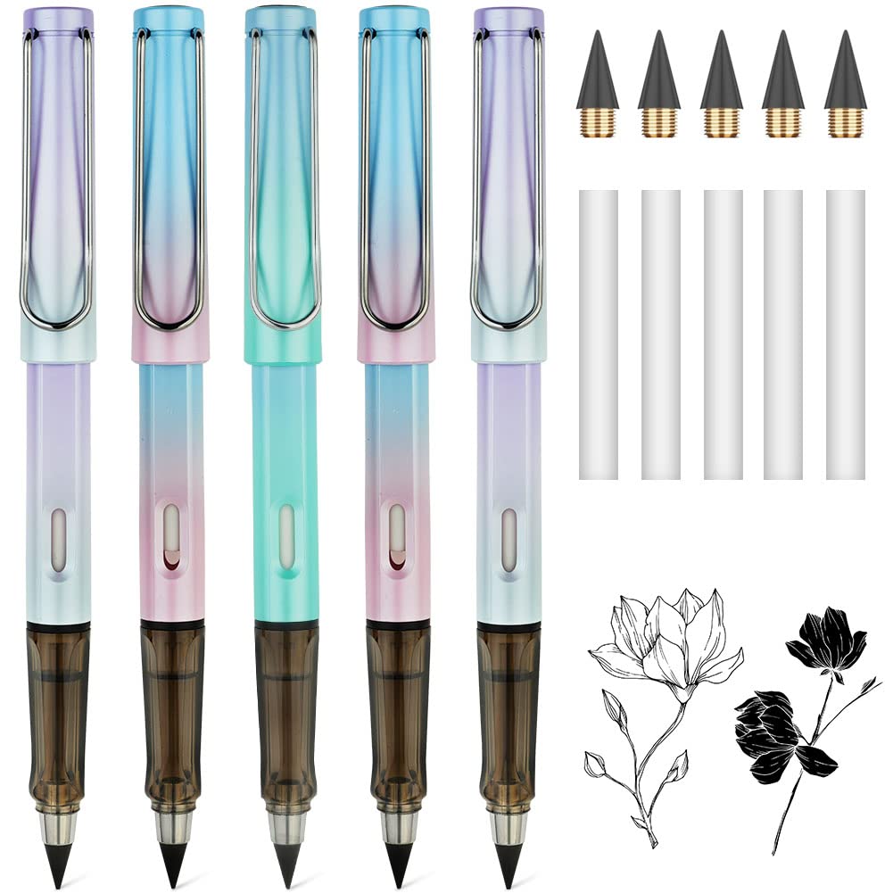 Auauy 5Pcs Everlasting Pencil, Infinity Pencil With Eraser And Replacement Nibs, Reusable Inkless Pencil For Writing, Drawing, S