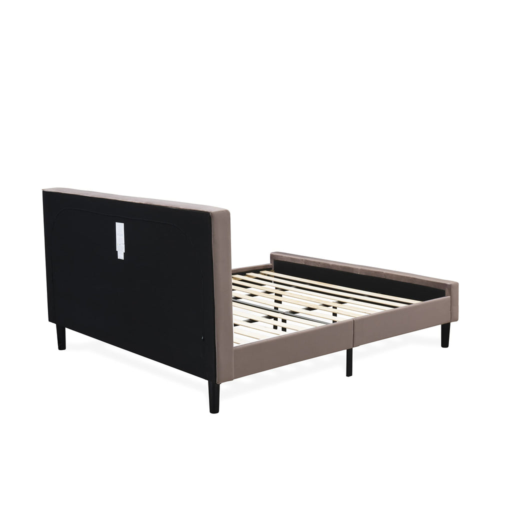East West Furniture NL14F-1GO11 2 Piece Bedroom Set - Button Tufted Platform Bed Frame - Brown Taupe Velvet Fabric Upholstered Headboard and a Black Finish Nightstand