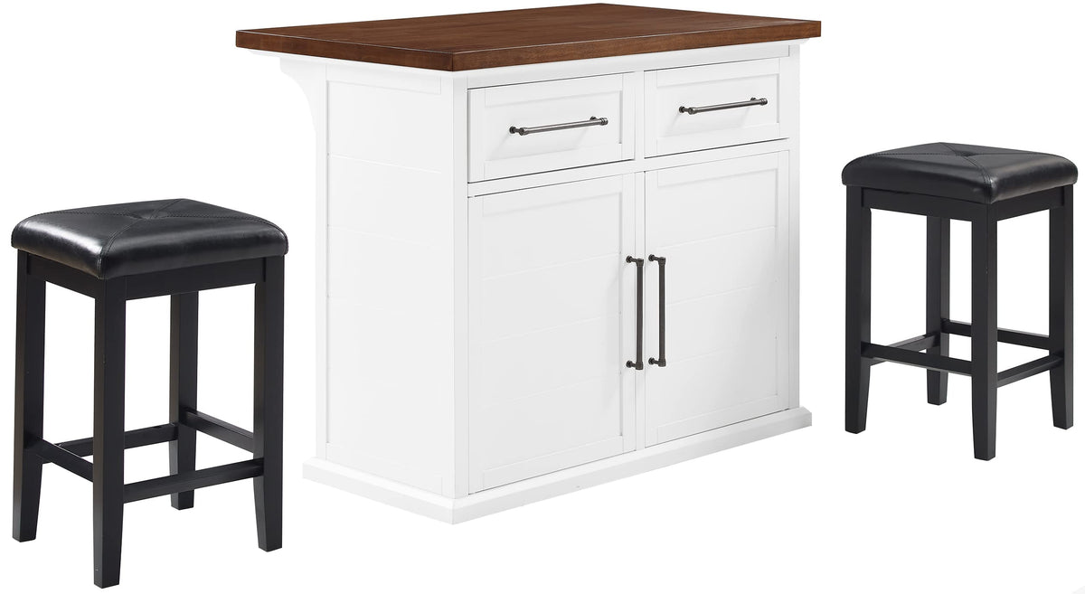 Crosley Furniture Bartlett Kitchen Island with Wood Top and Upholstered Square Stools, White/Black