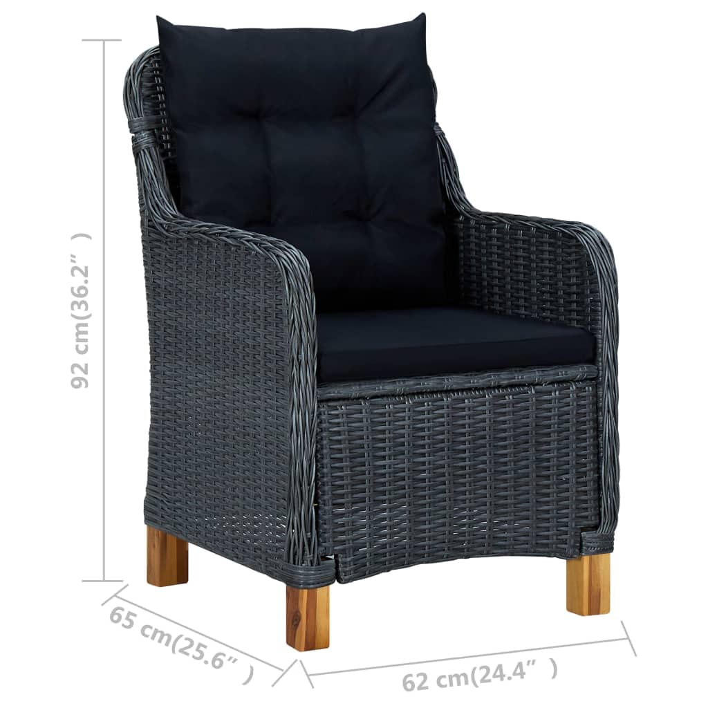 vidaXL 3-Piece Patio Lounge Set with Cushions - Poly Rattan, Dark Gray - Comfortable Outdoor Seating with Removable Cushion Covers and Sturdy Acacia Wood Legs