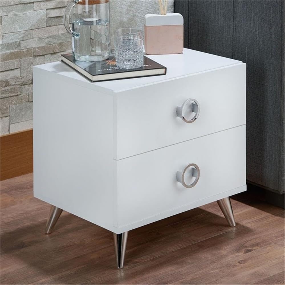 Acme Elms Wooden Rectangular 2-Drawer Nightstand With Ring Pull Handles In White