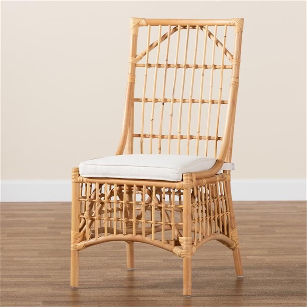 Baxton Studio Rose Modern Bohemian White Fabric Upholstered and Natural Brown Rattan Dining Chair