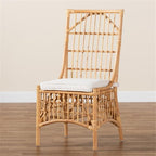 Baxton Studio Rose Modern Bohemian White Fabric Upholstered and Natural Brown Rattan Dining Chair