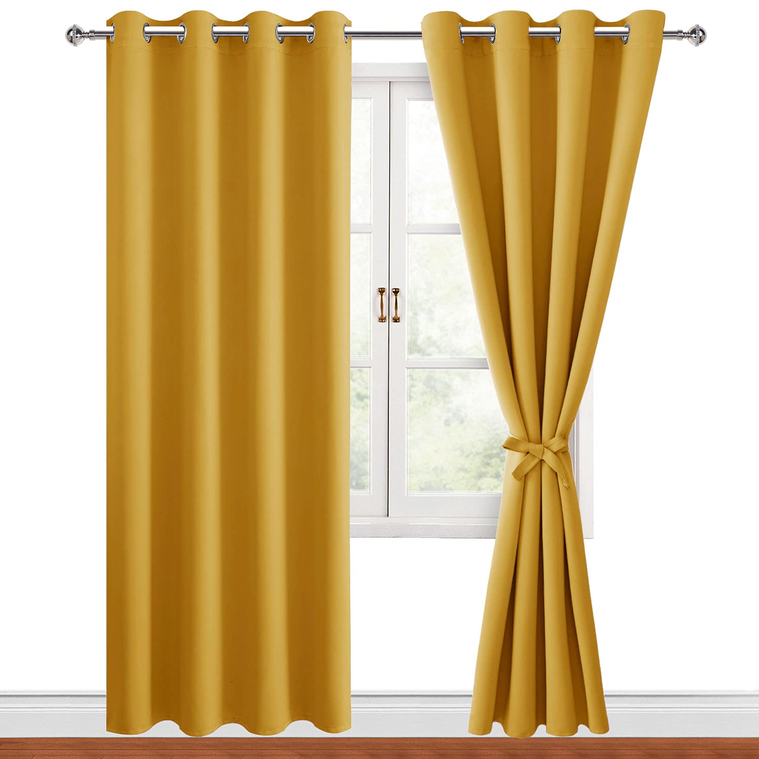 Hiasan Blackout Curtains For Bedroom, 52 X 96 Inches Long - Thermal Insulated & Light Blocking Window Curtains For Living Room, 2 Drape Panels Sewn With Tiebacks, Mustard Yellow