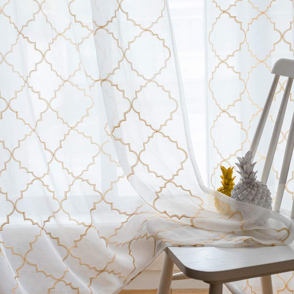 Sheer Curtains Beige 63 Inches, Rod Pocket Voile Drapes For Living Room, Bedroom, Embroidered Moroccan Tile Lattice Design Windo