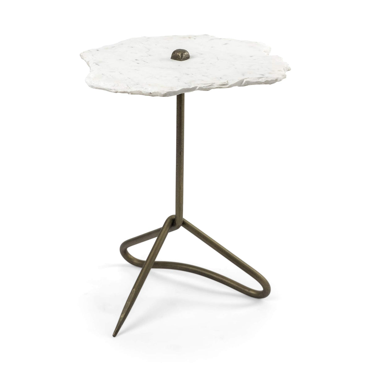 HomeRoots Metal White Marble Top Accent Table with Triangluar Gold Iron Base