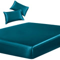 SiinvdaBZX 3-Piece Set Satin Twin Fitted Sheet & 2 Pillowcase, Dark Teal Silky Soft Fitted Bottom Sheet, Wrinkle Free, Fade Resi