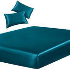 SiinvdaBZX 3-Piece Set Satin King Fitted Sheet & 2 Pillowcase, Dark Teal Silky Soft Fitted Bottom Sheet, Wrinkle Free, Fade Resi