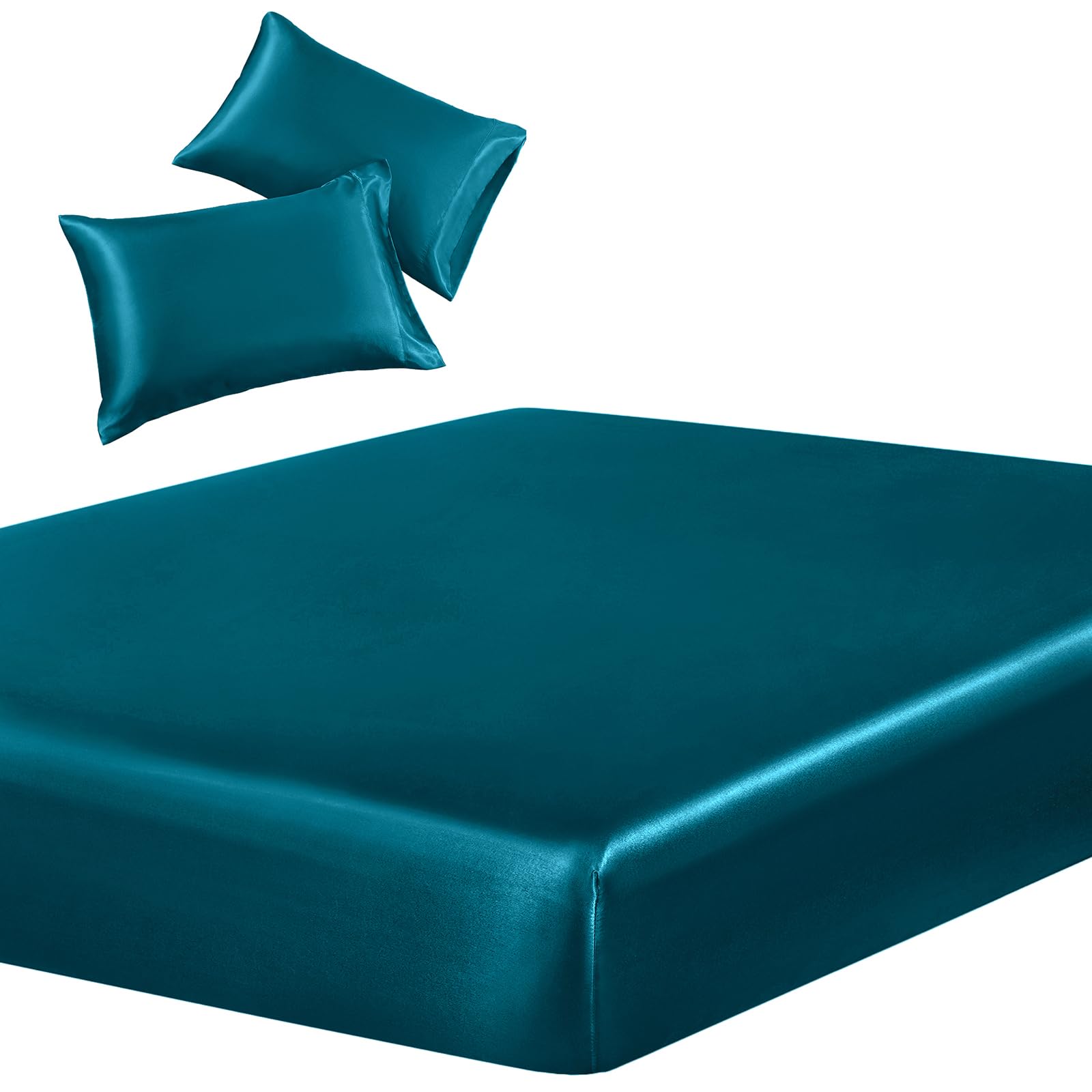 SiinvdaBZX 3-Piece Set Satin King Fitted Sheet & 2 Pillowcase, Dark Teal Silky Soft Fitted Bottom Sheet, Wrinkle Free, Fade Resi