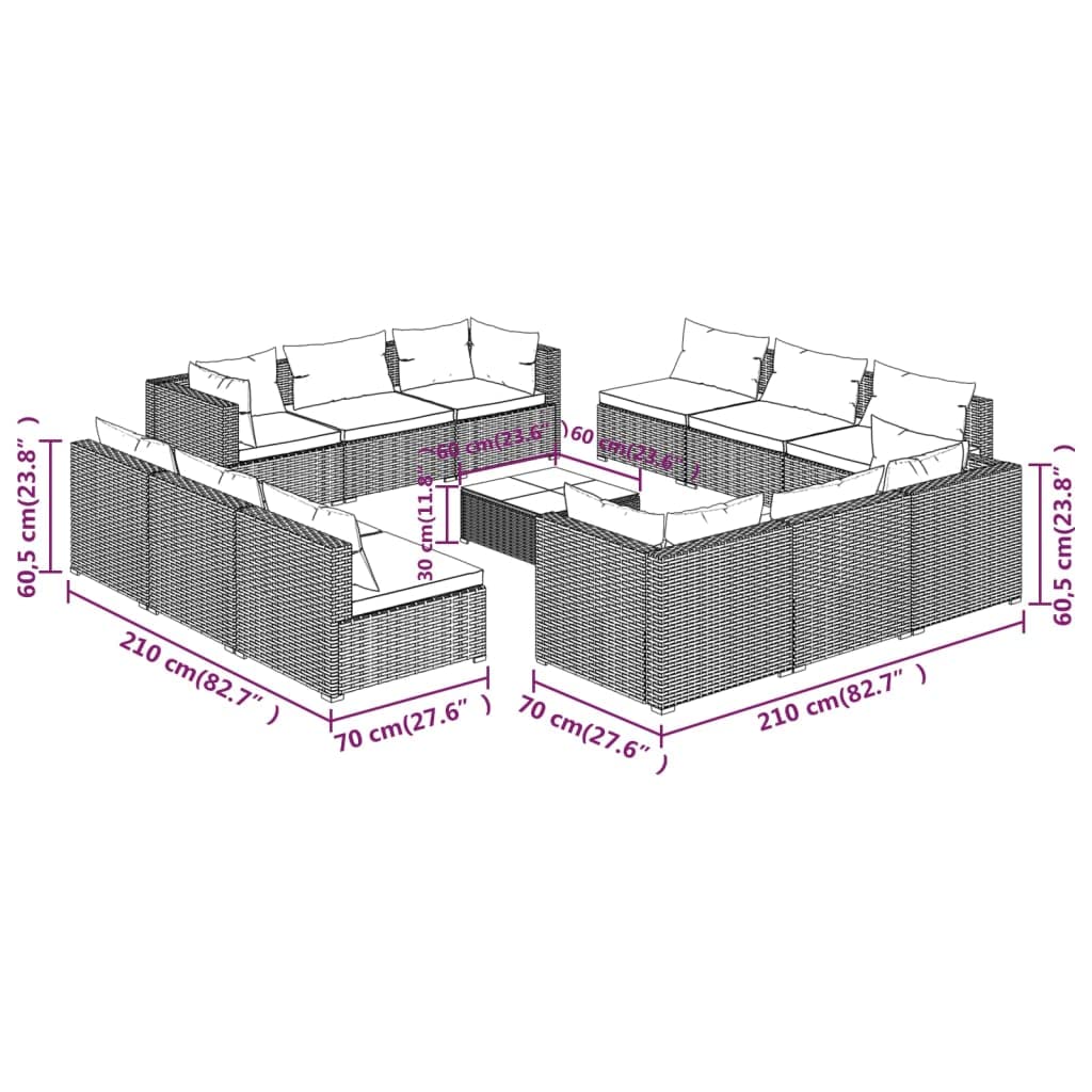 vidaXL 13 Piece Patio Lounge Set - Black Poly Rattan Outdoor Furniture - Water-Resistant and Lightweight - Fabric Cushions in Water Blue - Modular Design for Flexible Arrangement