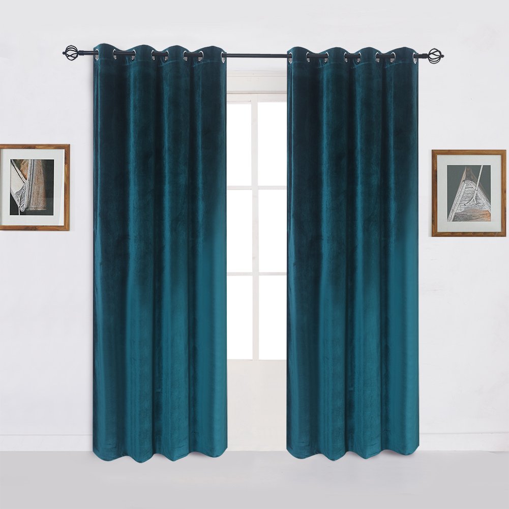 Cherry Home Super Soft Luxury Room Darkening Velvetdark Green Blackout Energy Efficient Grommet Curtain Panel Drapes Peacock Blu