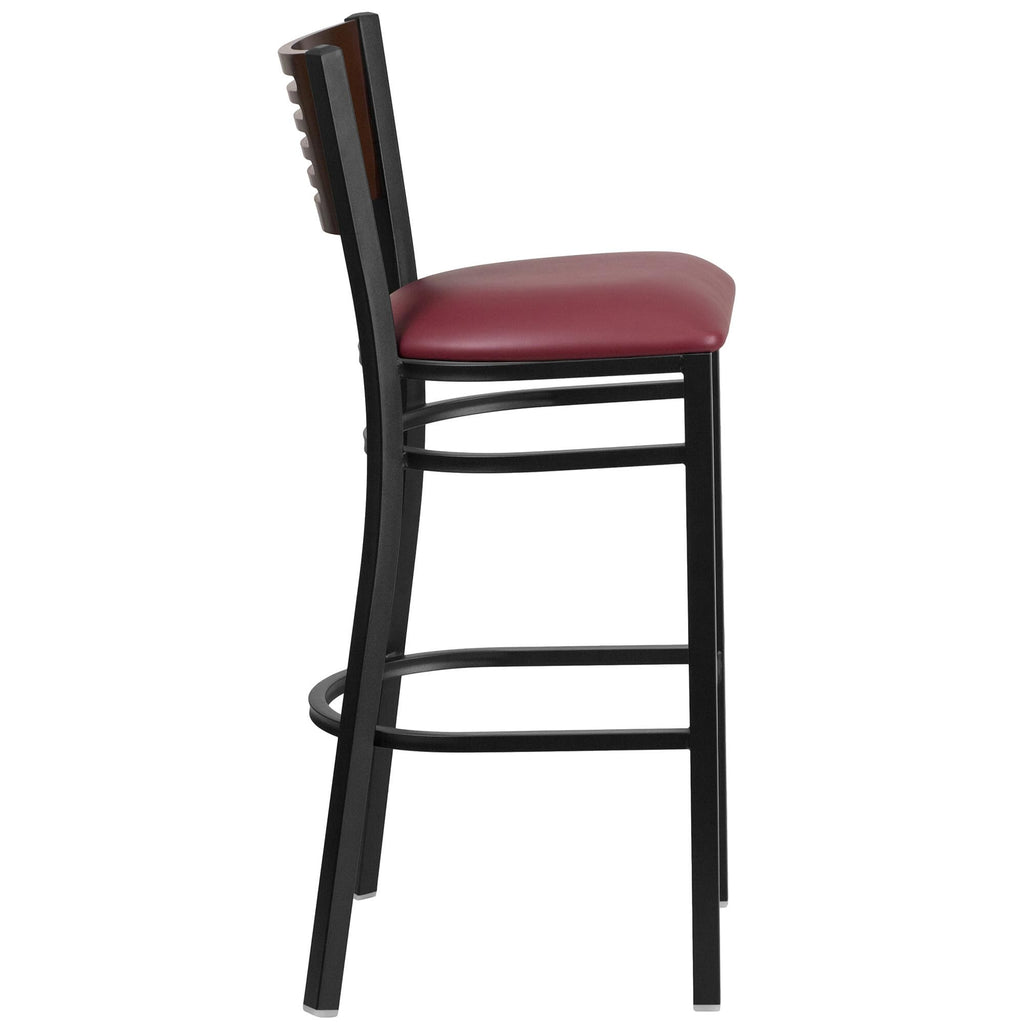Flash Furniture HERCULES Series Black Slat Back Metal Restaurant Barstool - Walnut Wood Back, Burgundy Vinyl Seat