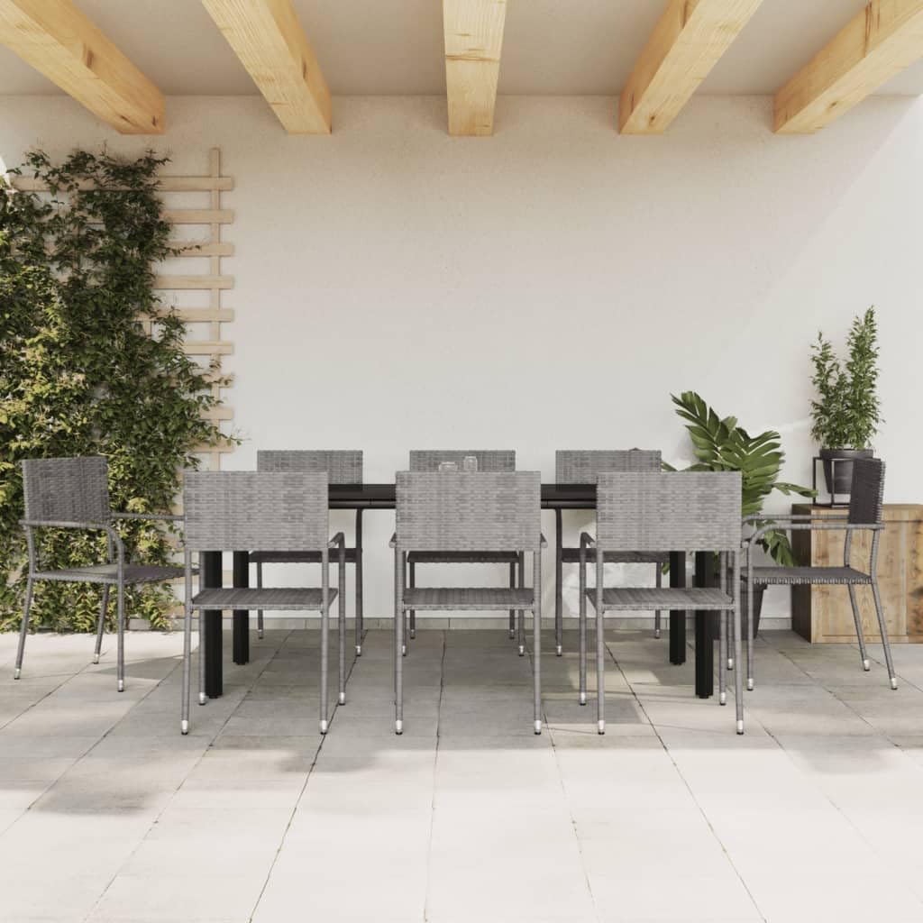 vidaXL Modern 9-Piece Patio Dining Set - Gray and Black - Poly Rattan and Steel Frames – Tempered Glass Table - Stackable Chairs - Ideal for Garden, Patio, Deck