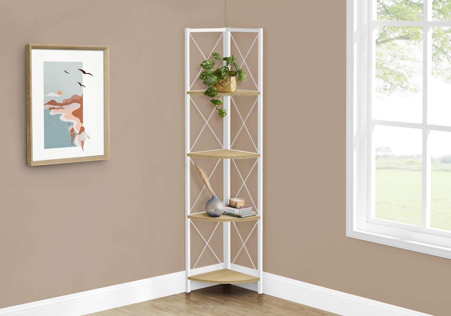 Monarch Specialties I 3652 Bookshelf, Bookcase, Etagere, Corner, 4 Tier, 60&quot; H, Office, Bedroom, Metal, Laminate, Natural, White, Contemporary, Modern