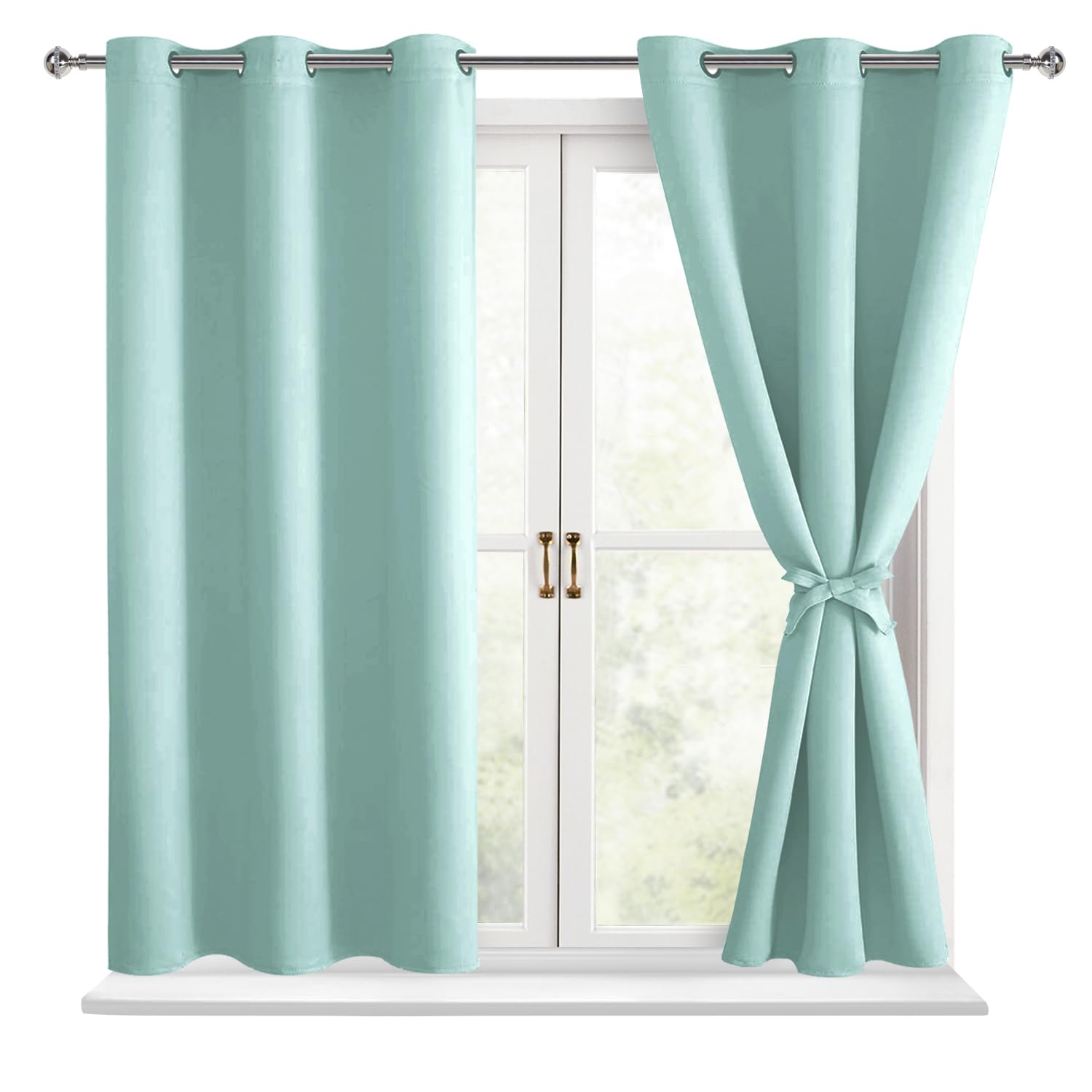 Hiasan Short Blackout Curtains For Bedroom - Thermal Insulated & Energy Saving Window Curtains For Living Room, 2 Drape Panels Sewn With Tiebacks, Aqua, 42 X 45 Inch