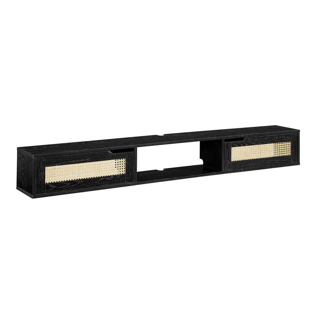 Walker Edison Modern Rattan Flip-Down-Door Wall-Mounted Floating Stand For Tvs Up To 80 Inches, 70 Inch, Black