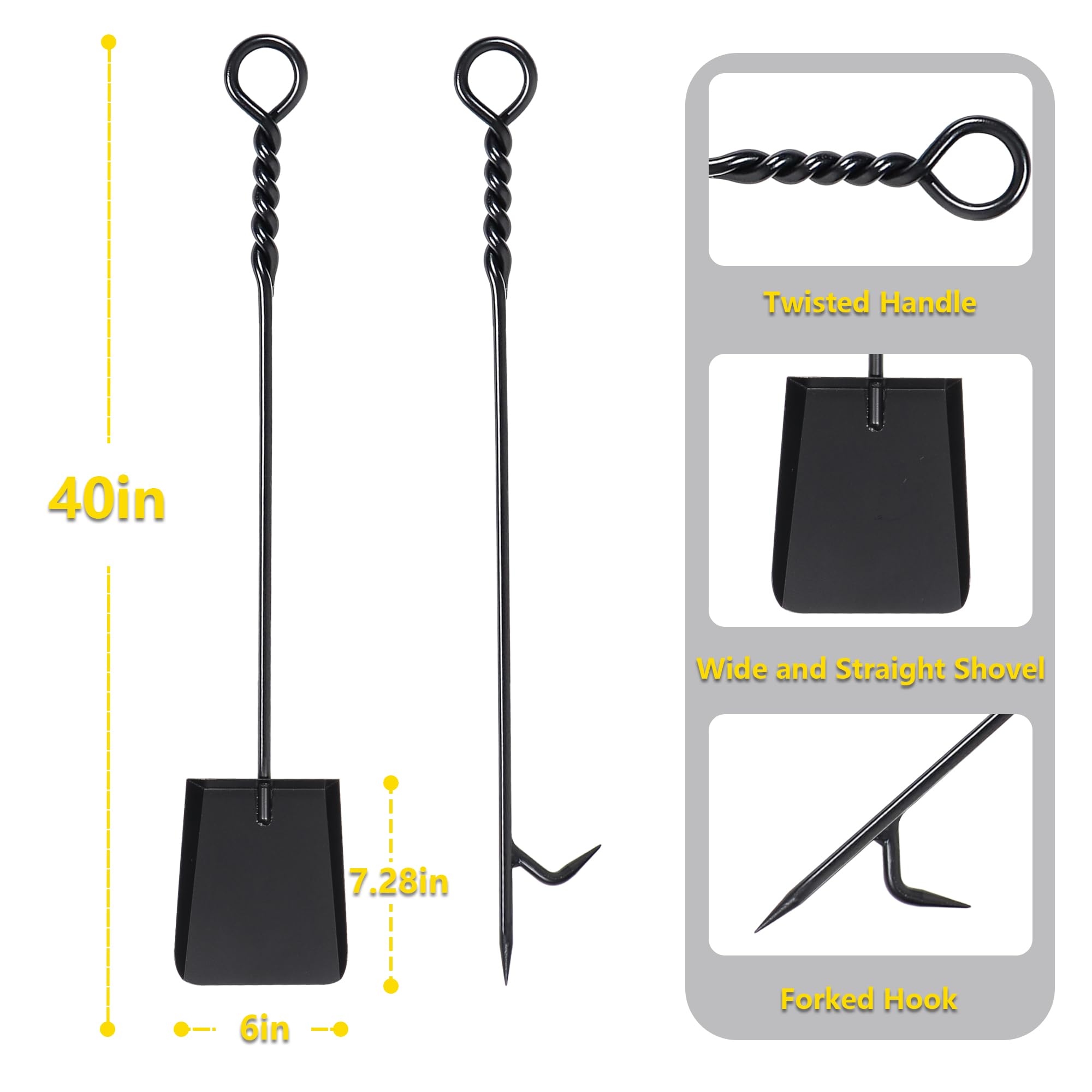 Fireplace Tools Set With 40Inch Twisted Rope Design Fire Poker And Fireplace Shovel, Heavy Duty Handmade Fire Poker And Shovel F