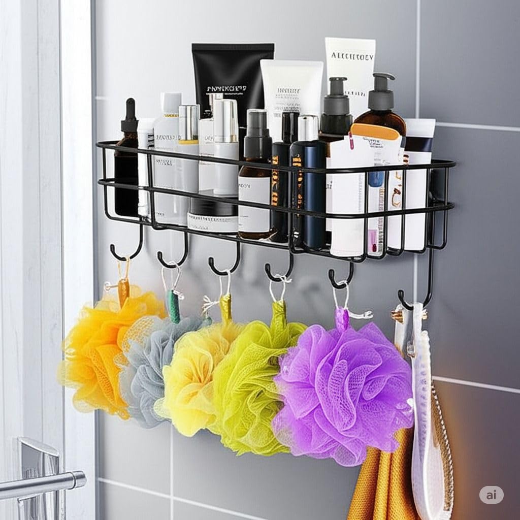 Anjil Steel Wall Mounted Storage Rack With 4 Hooks, Kitchen And Bathroom Organizer, Black, 28X10X11 Cm, 1 Shelf