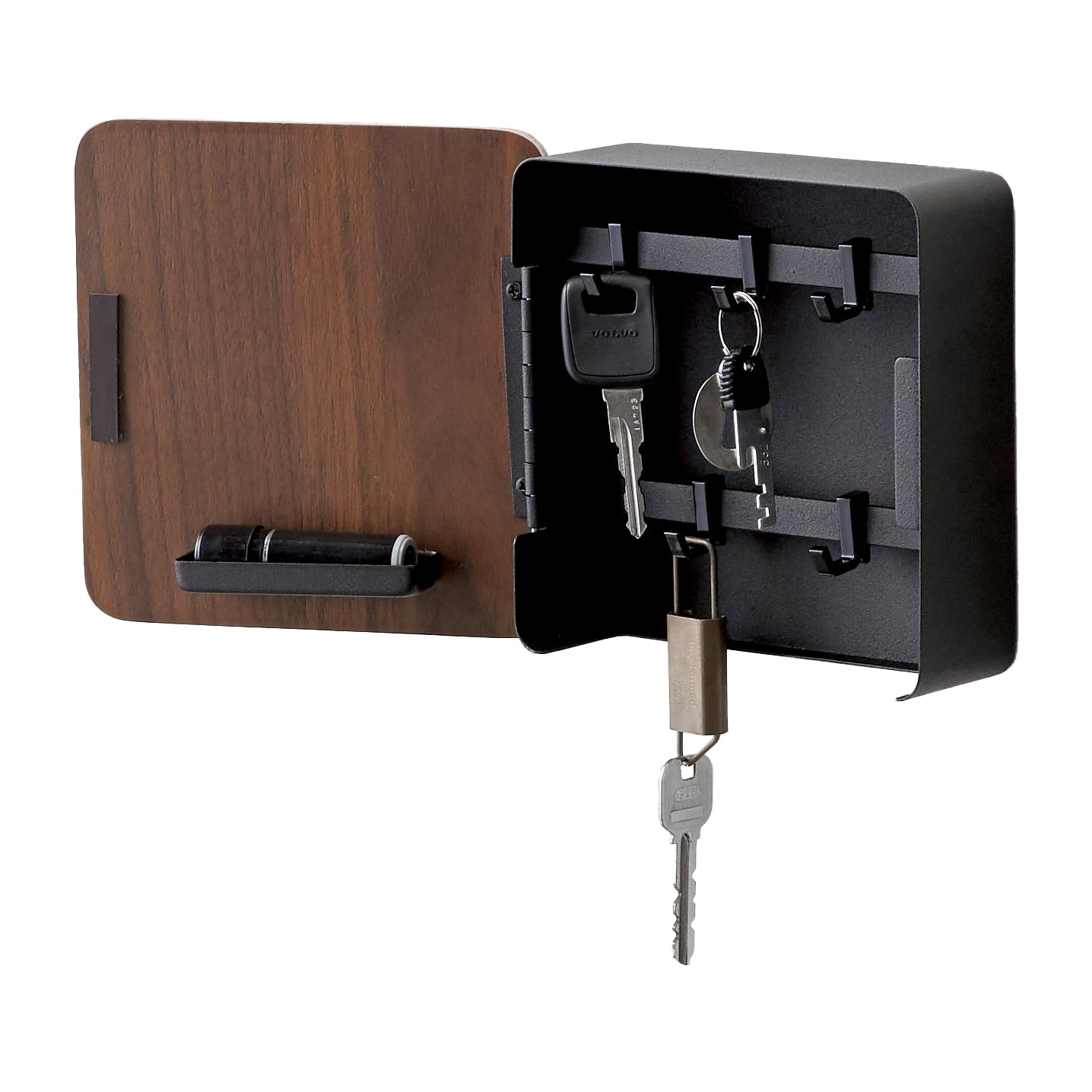Yamazaki Home Square Magnetic Cabinet Accented Keychain Organizer | Steel + Wood | Key Storage, One Size, Walnut