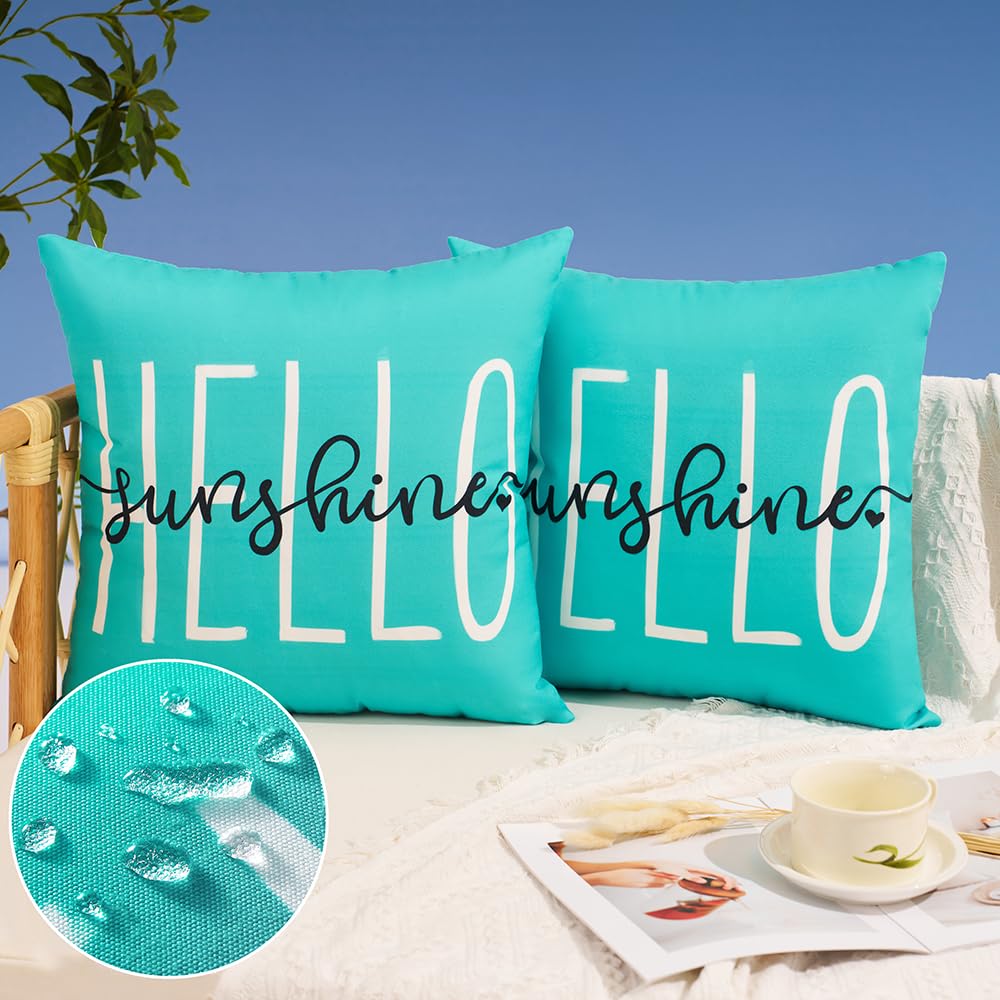 Dfxsz Outdoor Pillow Covers 16X16 Inch Set Of 2 Hello Sunshine Decor Blue Green Waterproof Throw Pillow Covers Summer Outdoor Wa