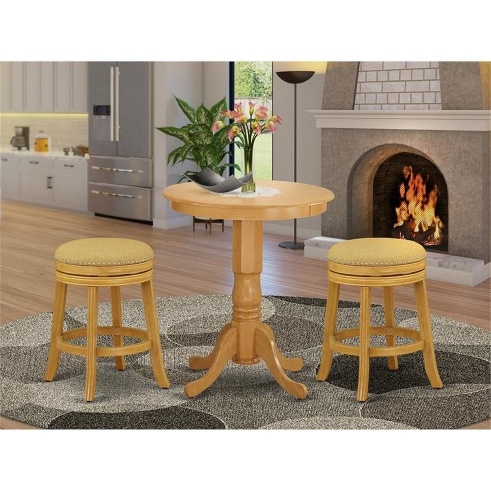 East West Furniture Eddv3-Oak-16 3 Piece Counter Height Dining Table Set Contains A Round Kitchen Table With Pedestal And 2 Backless Stools, 30X30 Inch, Oak