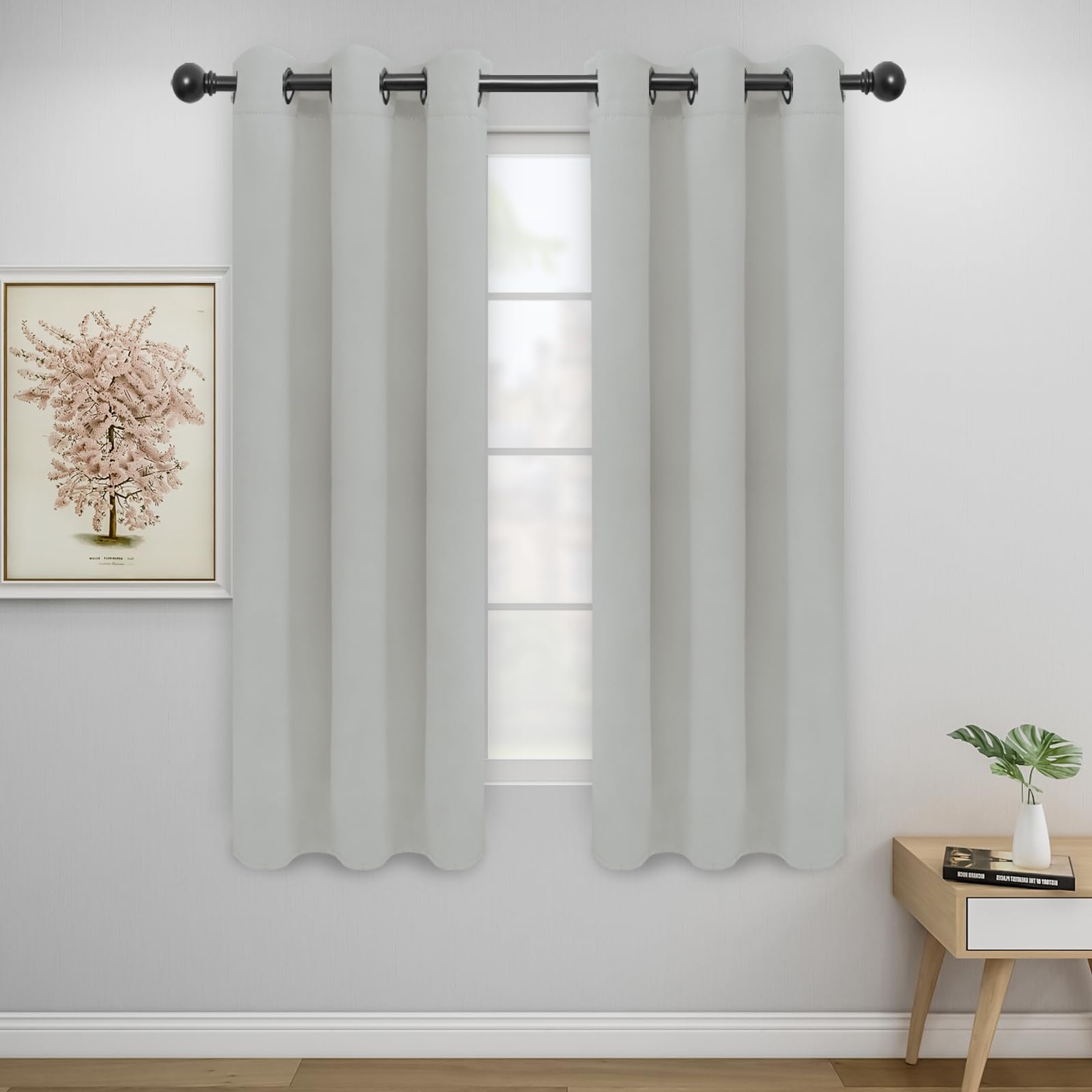 Easy-Going Blackout Curtains For Bedroom, Solid Thermal Insulated Grommet And Noise Reduction Window Drapes, Room Darkening Curtains For Living Room, 2 Panels (34X63 In, Greyish White)
