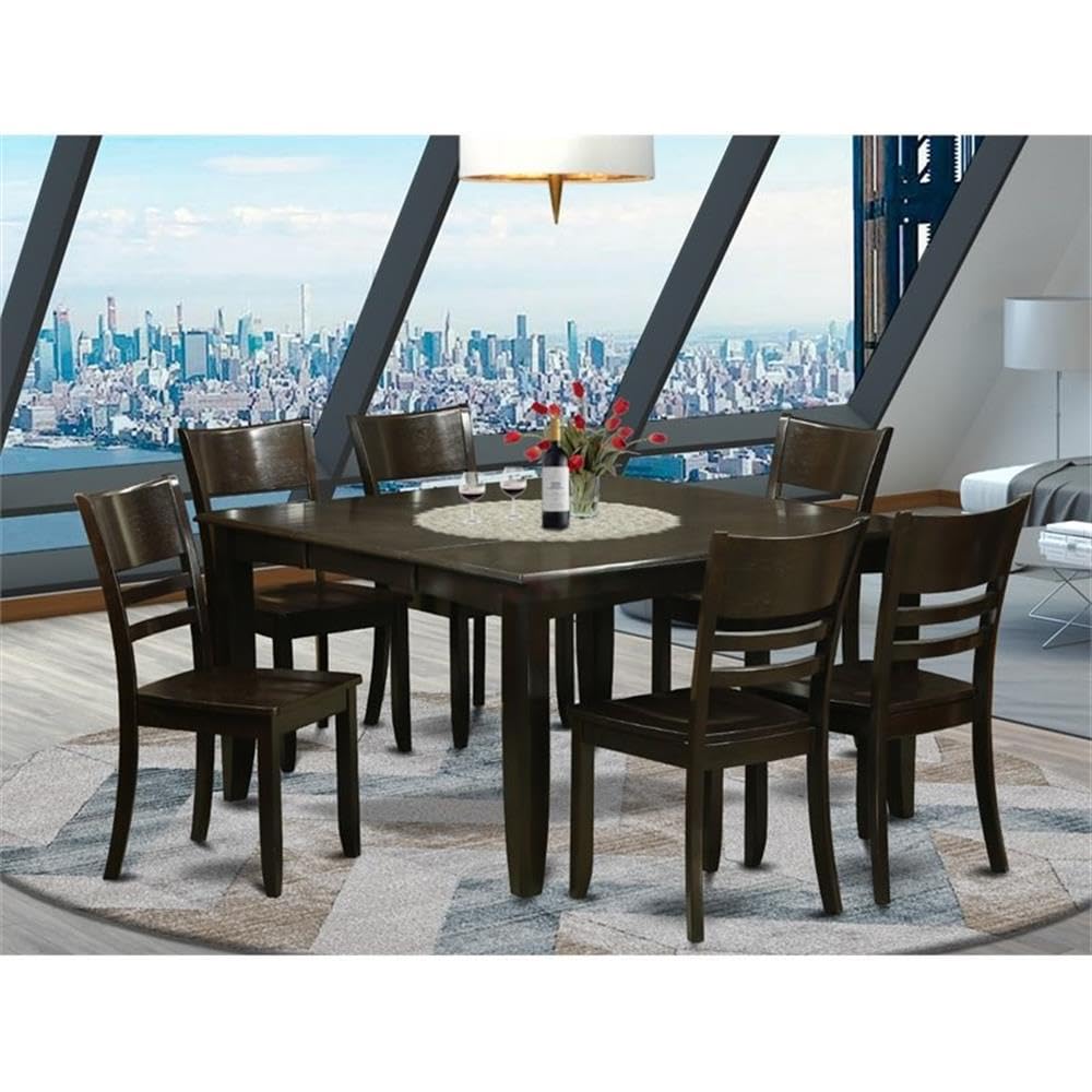 East West Furniture PFLY7-CAP-W 7 Piece Kitchen Table & Chairs Set Consist of a Square Dining Room Table with Butterfly Leaf and 6 Solid Wood Seat Chairs, 54x54 Inch, Cappuccino