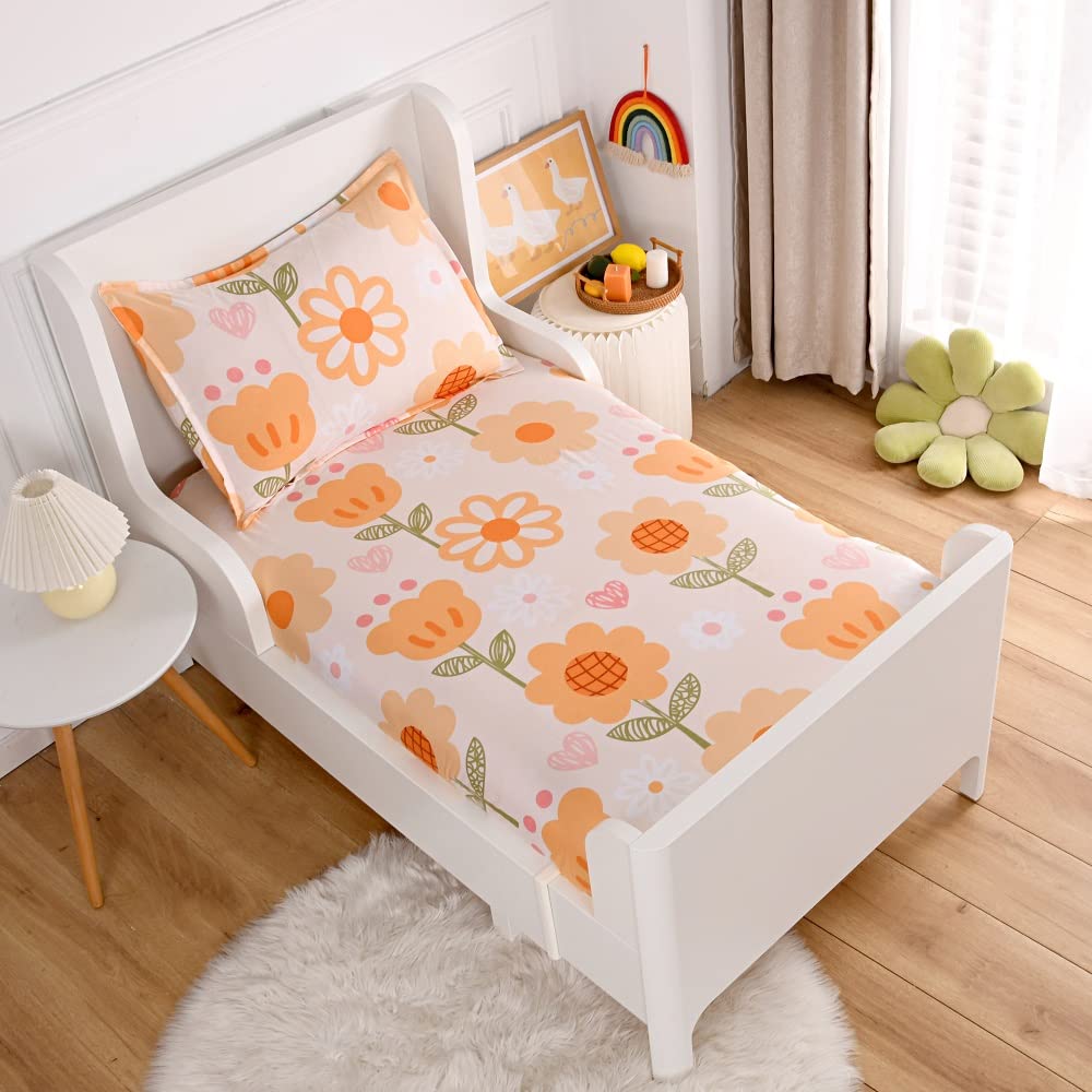 Kwlover Soft Bed Fitted Sheet And Pillowcases Set,Orange Flower Printed Bed Sheets For Kids (Multicolor, Full)