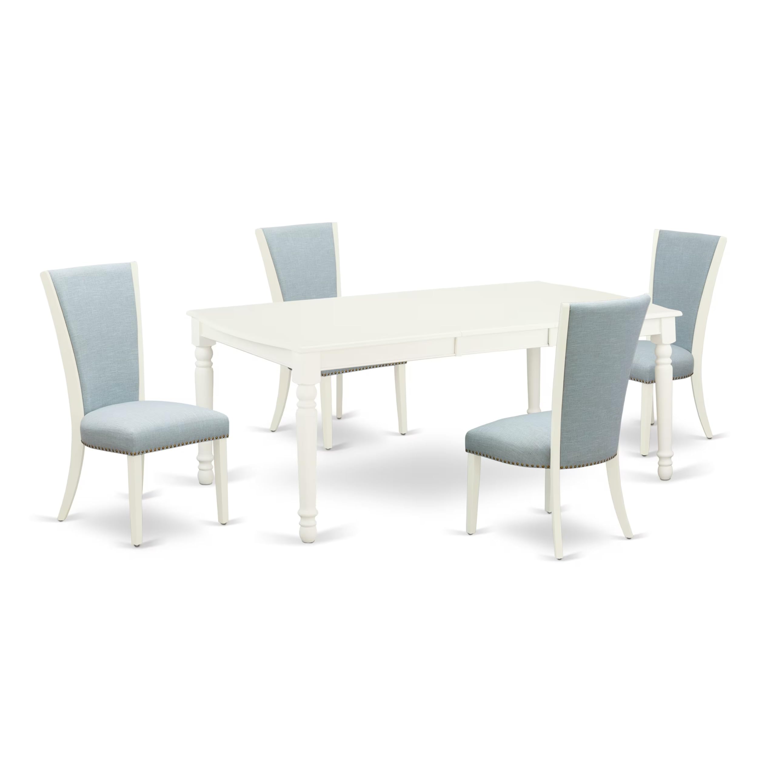 East West Furniture Dove5-Lwh-15 5 Piece Dining Table Set Includes A Rectangle Kitchen Table With Butterfly Leaf And 4 Baby Blue Linen Fabric Upholstered Chairs, 42X78 Inch, Linen White