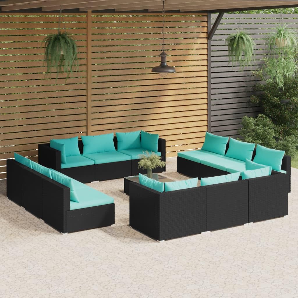 vidaXL 13 Piece Patio Lounge Set - Black Poly Rattan Outdoor Furniture - Water-Resistant and Lightweight - Fabric Cushions in Water Blue - Modular Design for Flexible Arrangement
