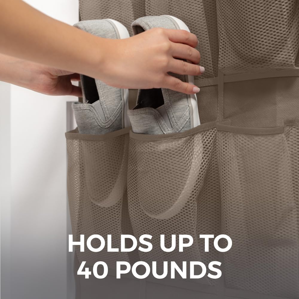 Home Genie Over The Door Hanging Shoe Organizer, 24 Breathable Mesh Pockets, Closet Rack Storage Holder, Stay In Place Hooks Hang On Closets, Hanger Holds Up To 40 Lbs For Shoes, Accessories, Beige