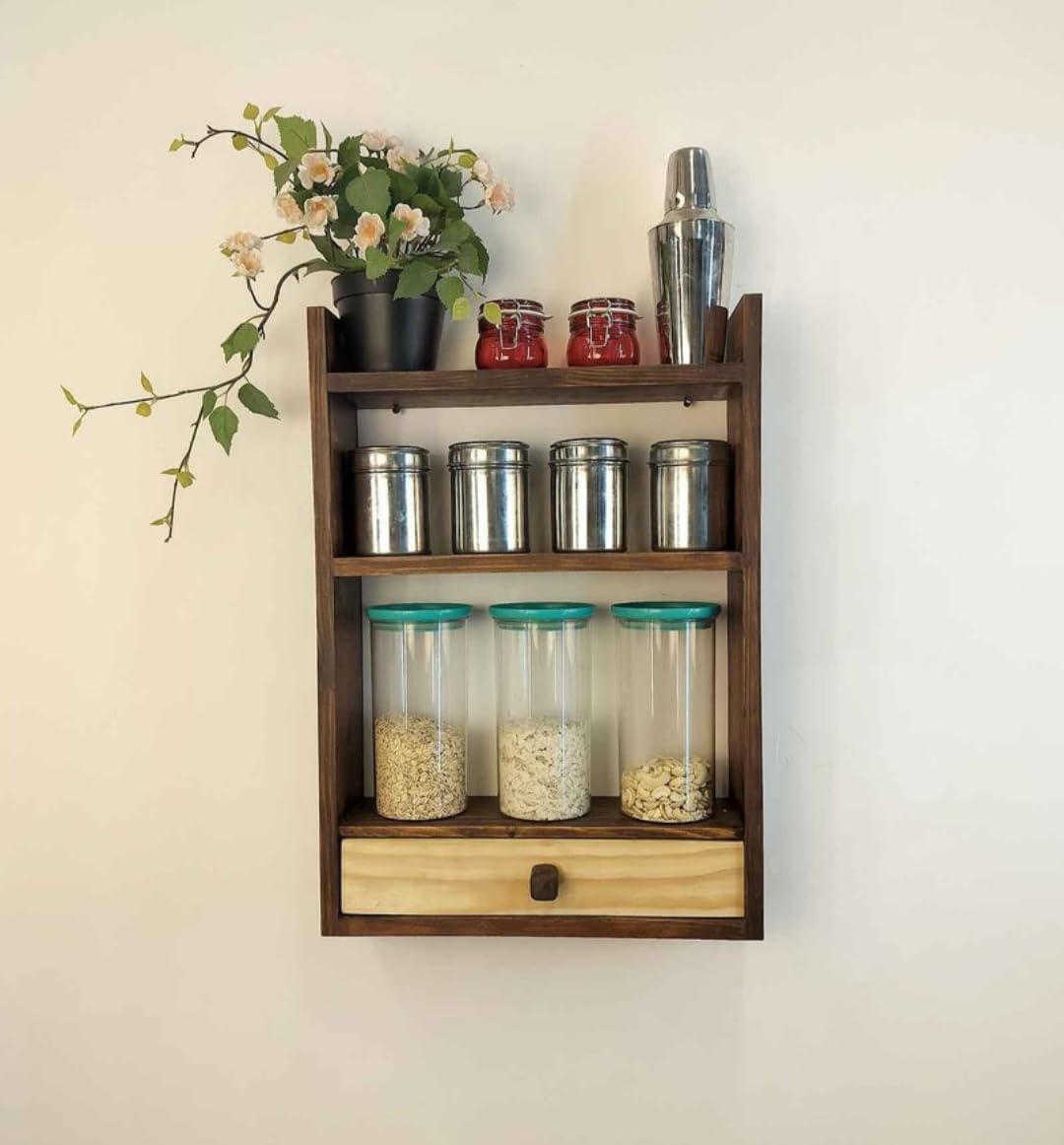 IThree Rustic Wall Mounted Shelf Unit with 3 Tiers, Wooden Storage Rack with Drawer, Dark Brown (Style 2)