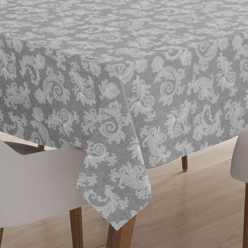 Encasa 4 to 6 Seater Dining Table Cloth 145x180 cm (57x72 in) I Floral Grey Jacquard Style Print on Chambray Homespun Cotton I f