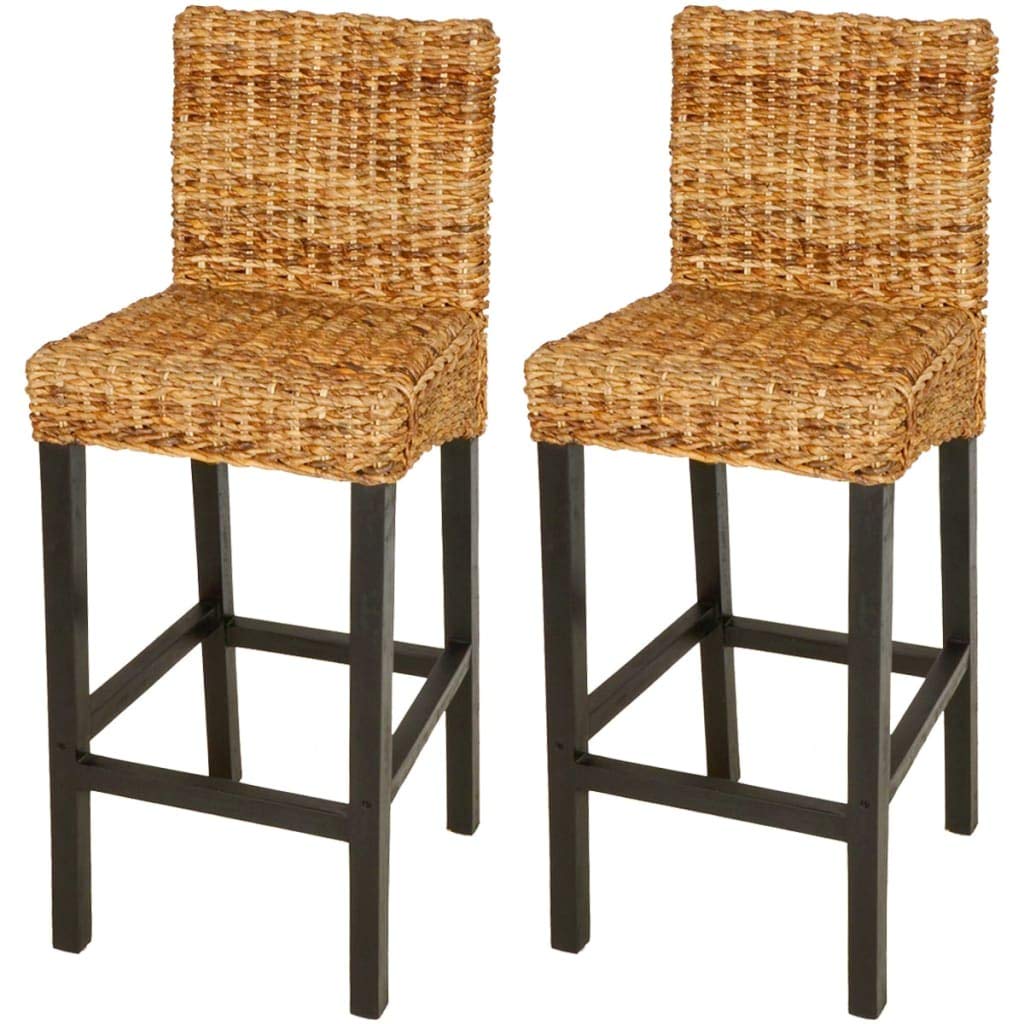 vidaXL Set of 2 Bar Stools – Rustic and Elegant Design, Dark Brown Color, Crafted from Mango Wood and Abaca Material, Measuring 17.7 x 17.3 x 43.7 inches