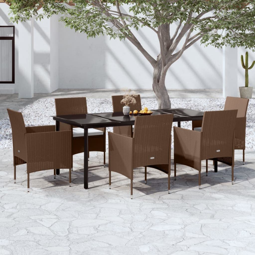 vidaXL Patio Dining Set 7 Piece with Cushions - Brown and Black Outdoor Garden Furniture - PE Rattan Chairs and Glass Table