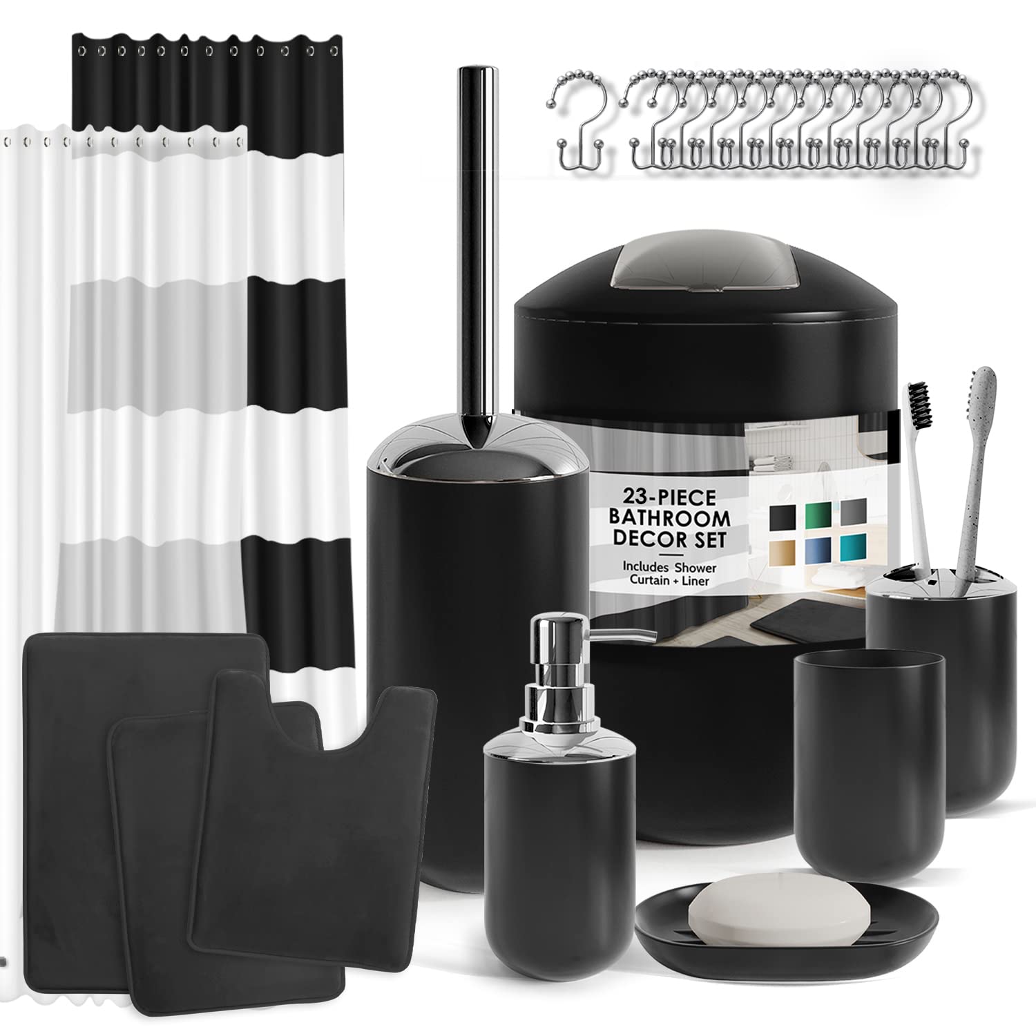 Clara Clark Bathroom Set - Black Bathroom Accessories Set, Bathroom Sets with Shower Curtain and Rugs, 23PC Shower Curtain Set w