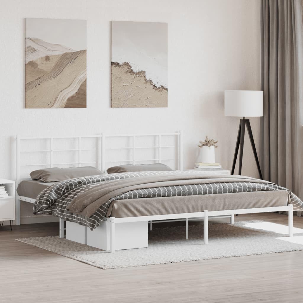 vidaXL White Metal King Bed Frame with Headboard - Powder-Coated Steel Bedroom Furniture - 81.5x78x35.4 Inches - Under-Bed Storage Space