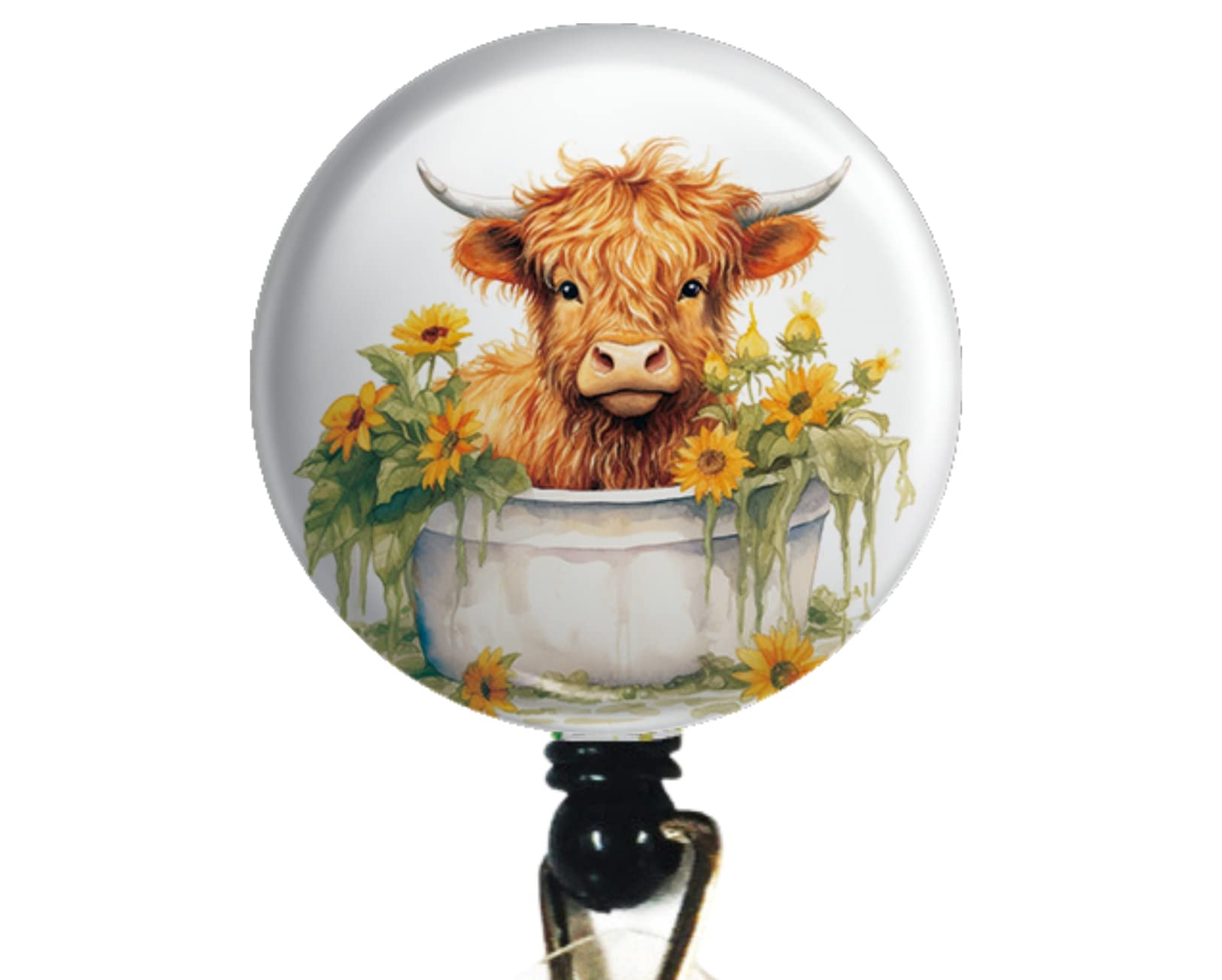Wigspedia Watercolor Retractable Name Id Badge Holder Reel/Id Badge Holder - Baby Highland Cow (Style#3) (Alligator Clip)