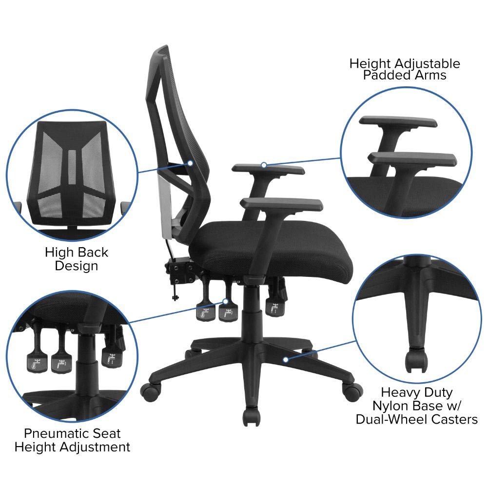 Flash Furniture Ivan High Back Black Mesh Multifunction Swivel Ergonomic Task Office Chair with Adjustable Arms