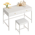 SUPERJARE 35.4'' White Desk with 2 Drawers, Modern Makeup Vanity Desk with Padded Stool, Small Computer Desk Home Office Desk fo