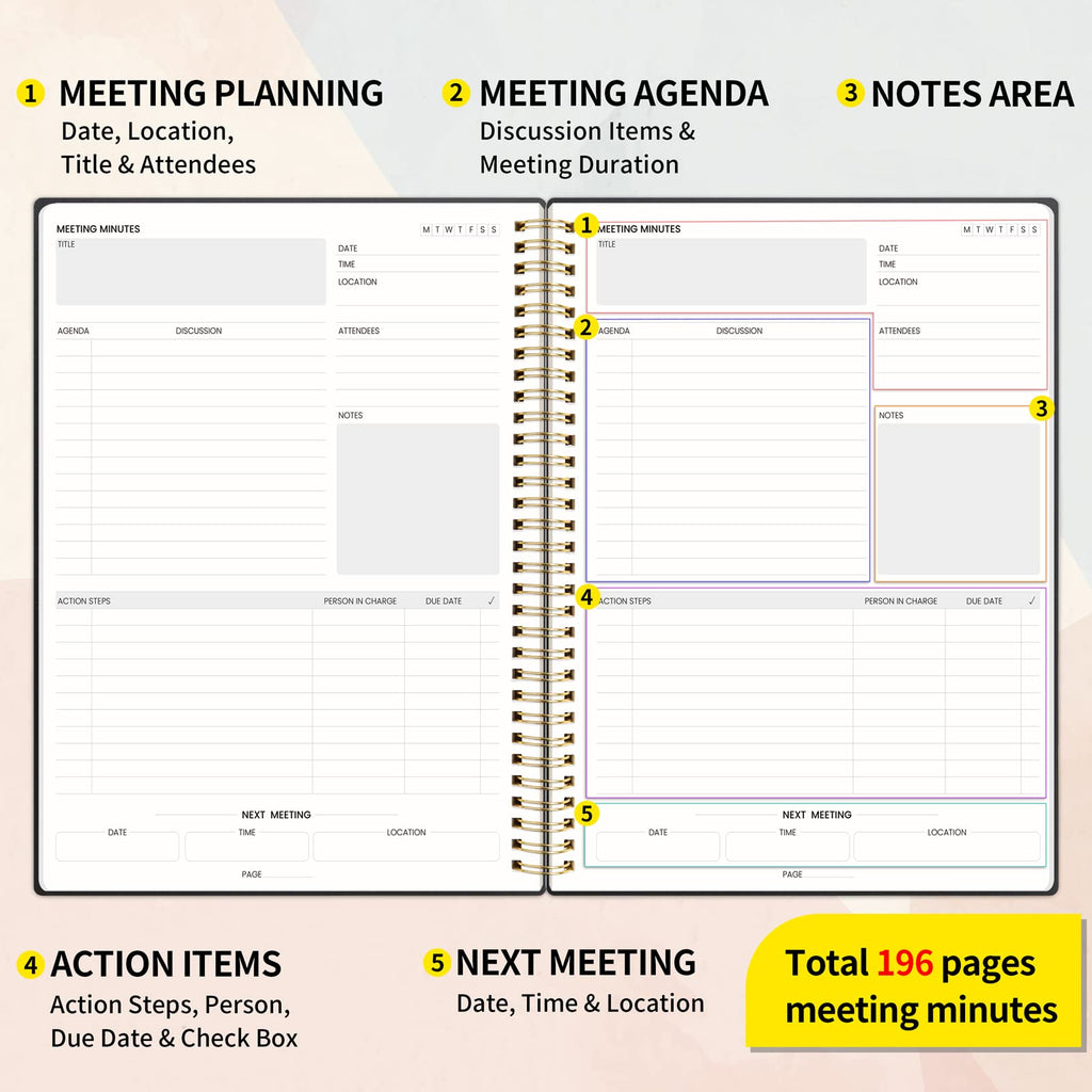 Sunee Meeting Notebook For Work With Sticky Tabs - 160 Pages, A4 Size Project Planner, Spiral Meeting Agenda/Minutes Notebook Or