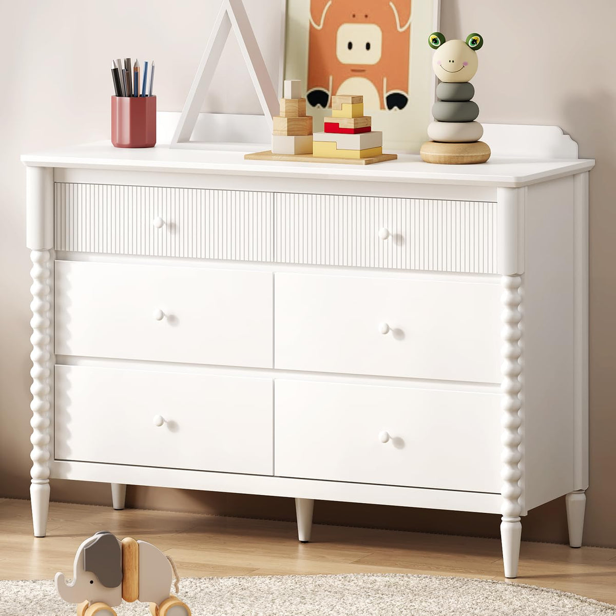 Joinice, 6 Drawer Dresser, Baby Dresser With Storage, Wide Chest Of Drawers For Nursery, Tv Stand With Metal Handles, Wood Large