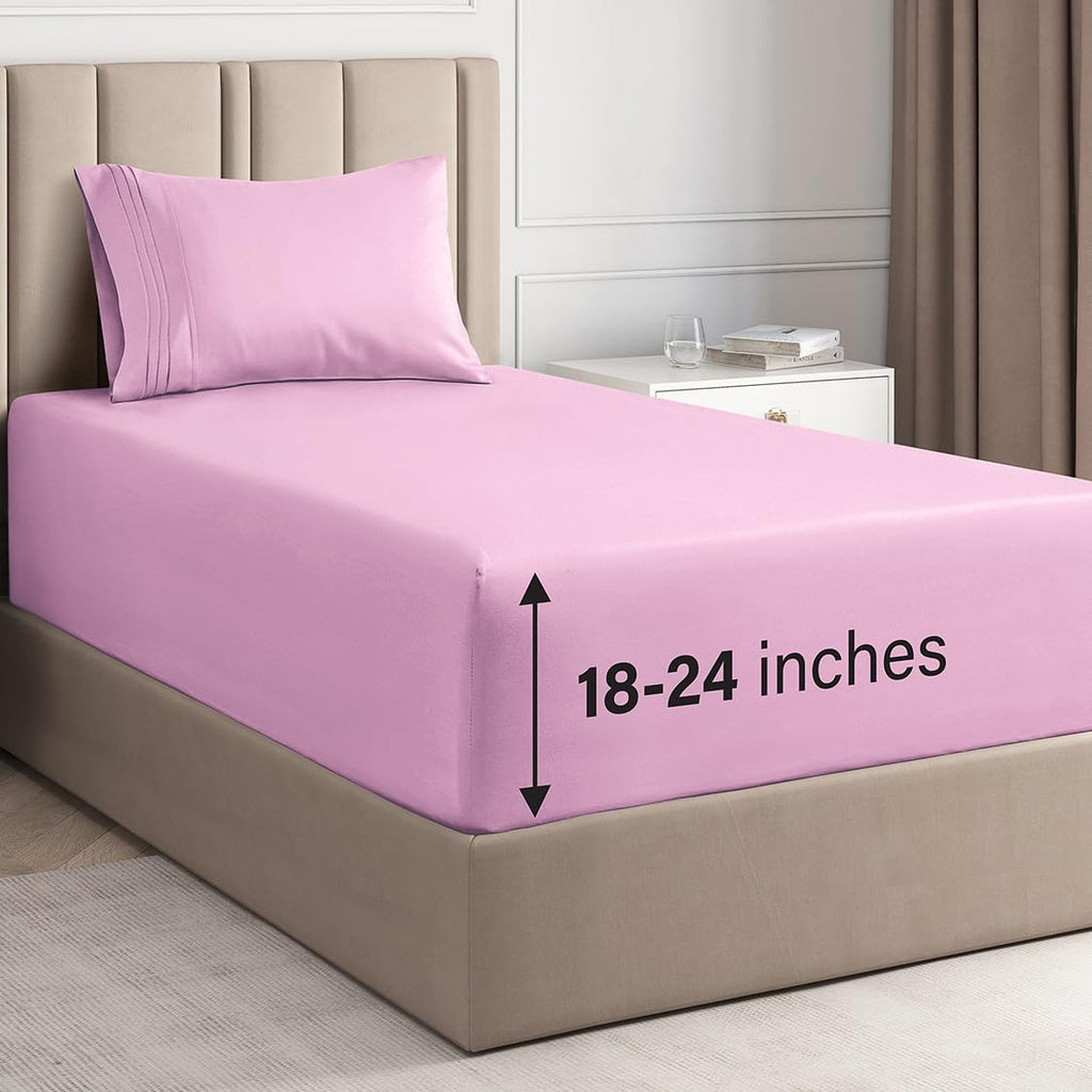 Extra Deep Pocket Twin Sheets - 3 Piece Breathable & Cooling Bed Sheets - Hotel Luxury Bed Sheet Set - Soft, Wrinkle Free & Comfy - Easily Fits Extra Deep Mattresses - Deep Pocket Light Pink Sheets