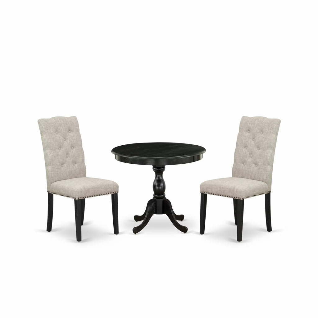 East West Furniture AMEL3-ABK-35 3 Piece Kitchen Table & Chairs Set Contains a Round Dining Room Table with Pedestal and 2 Doeskin Linen Fabric Upholstered Chairs, 36x36 Inch, Wirebrushed Black