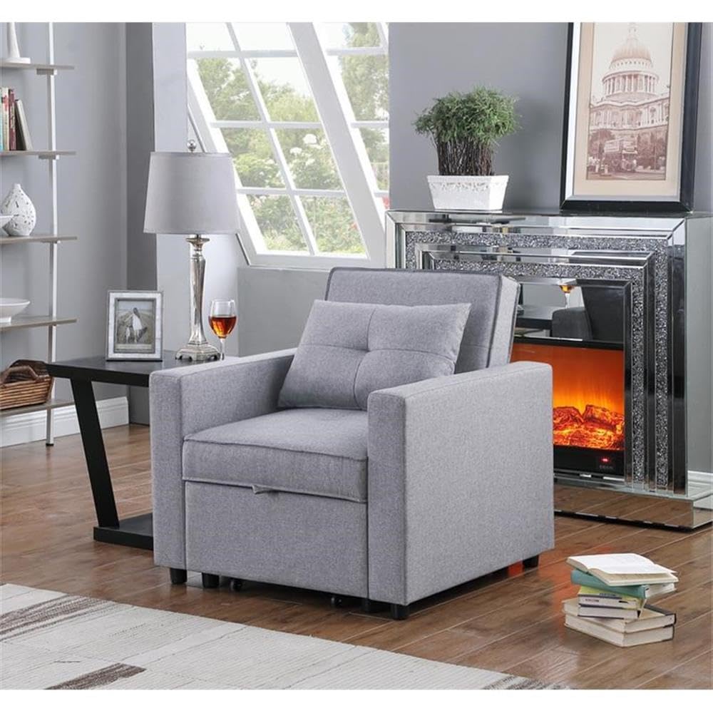 Lilola Home Zoey Light Gray Linen Convertible Sleeper Chair with Side Pocket